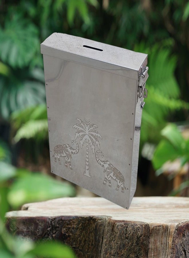 Gvanys® Antique Coin Bank Box Money Organiser/Coin Money Bank Piggy Bank Money Bank Stainless Steel Body Size- L-5.25 CM, W-18 CM, H-22 CM with Elephant Design - Image 1